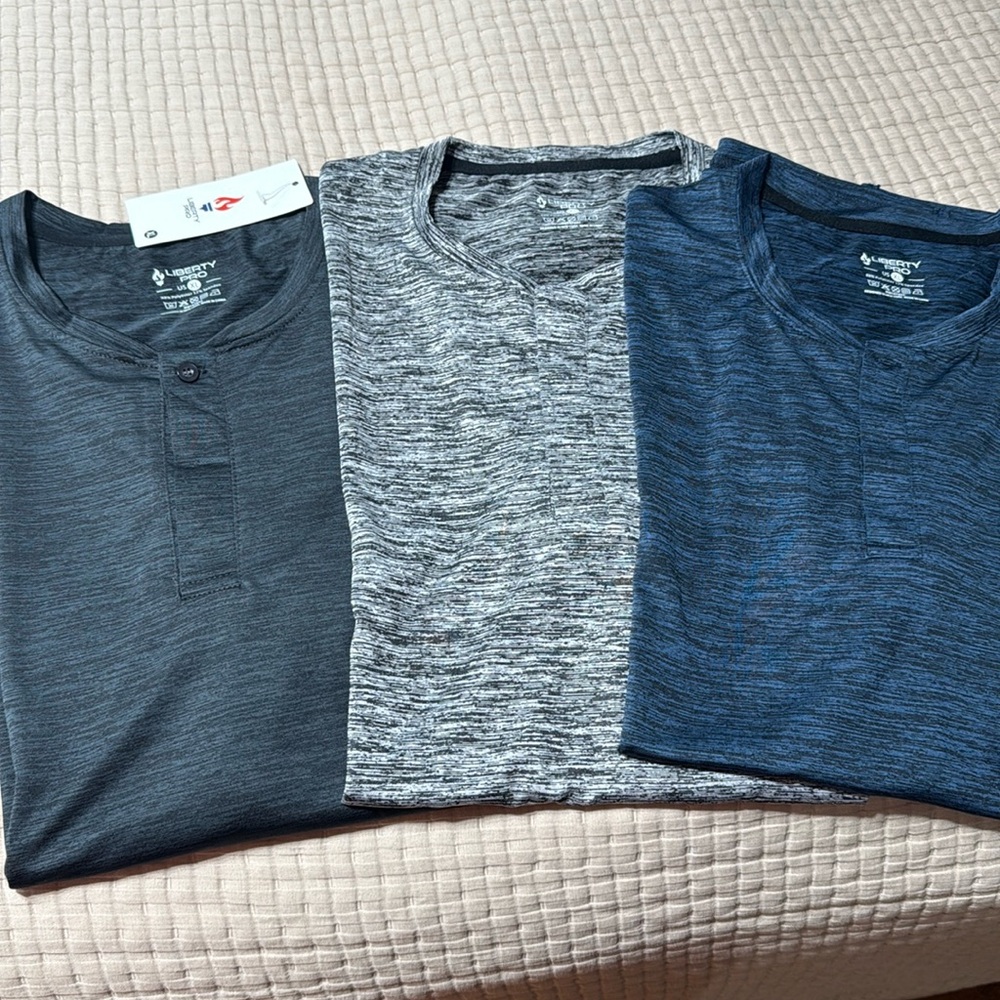 Men's Henley Dri Fit Tee Shirts. Bundle of 3-Heathered Blue, Black and Gray